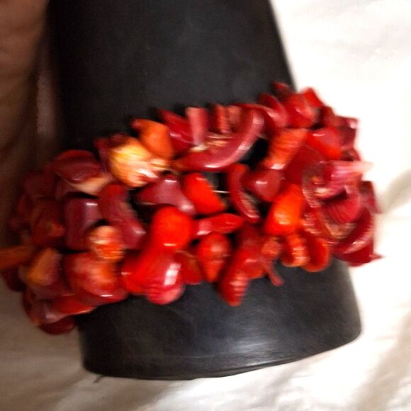 A Red Coral Women's Bracelet Bangle Cuff Beachy Boho Coastal Tropical Chunky - Picture 3 of 8
